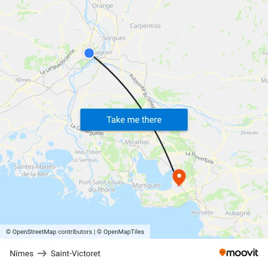 Nîmes to Saint-Victoret map