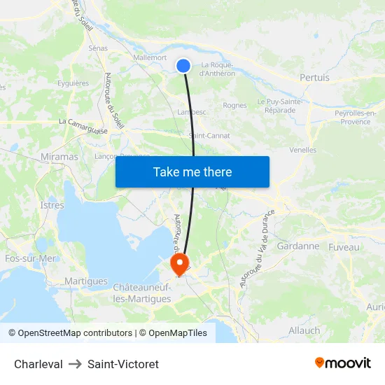 Charleval to Saint-Victoret map