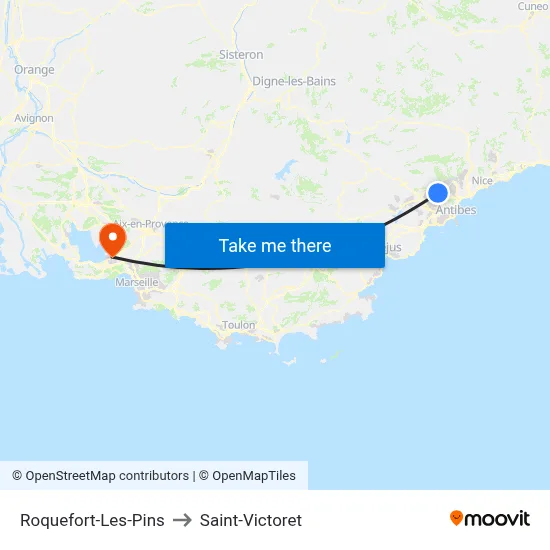 Roquefort-Les-Pins to Saint-Victoret map