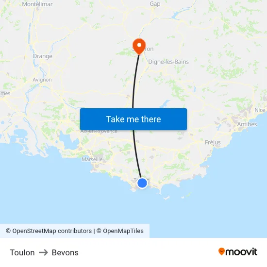 Toulon to Bevons map