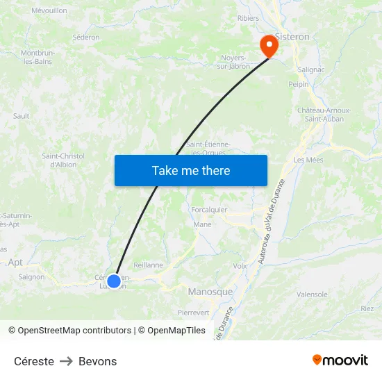 Céreste to Bevons map