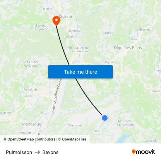 Puimoisson to Bevons map