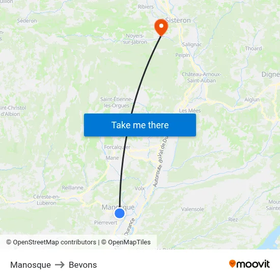 Manosque to Bevons map