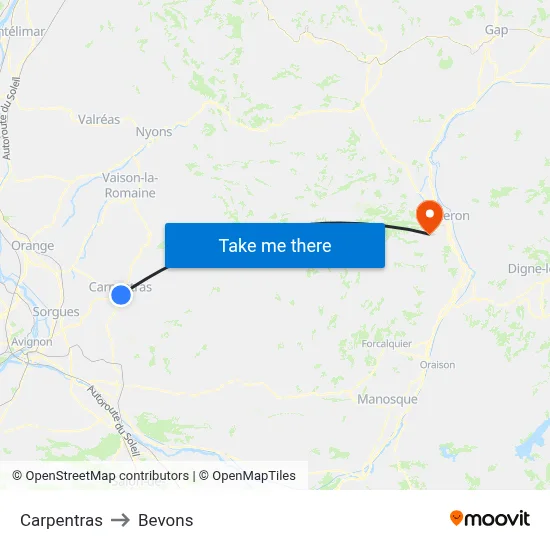 Carpentras to Bevons map