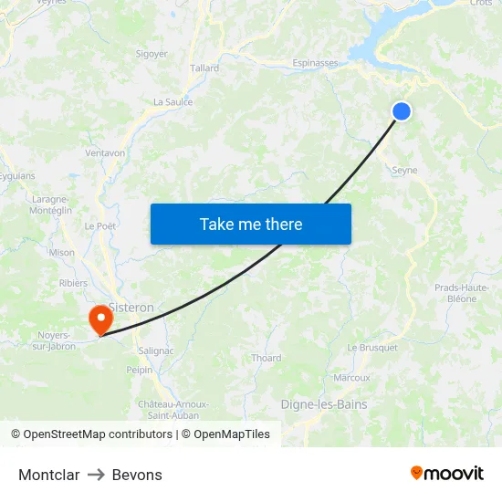 Montclar to Bevons map