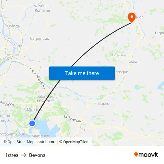 Istres to Bevons map