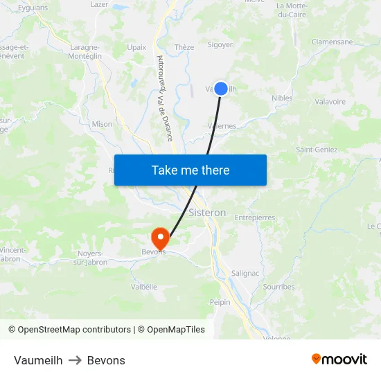 Vaumeilh to Bevons map