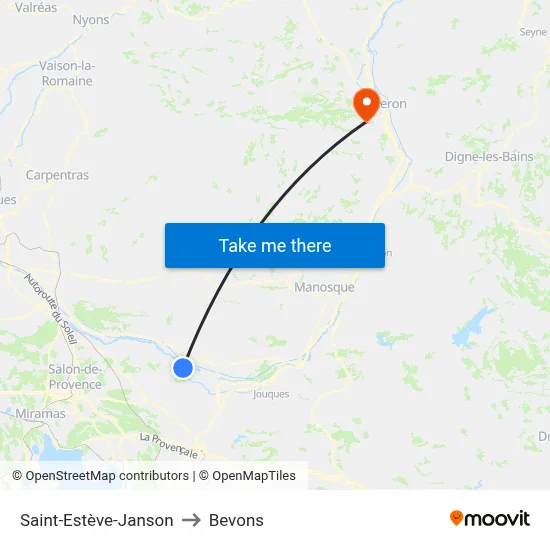 Saint-Estève-Janson to Bevons map