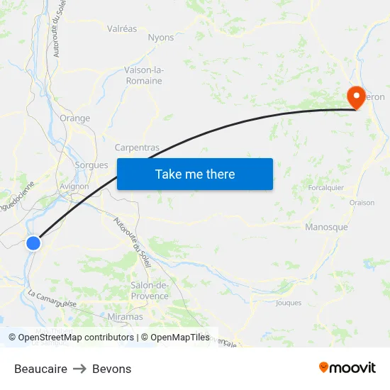 Beaucaire to Bevons map