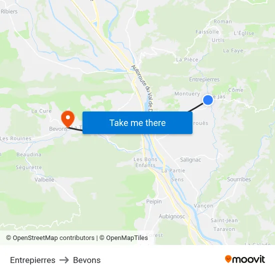 Entrepierres to Bevons map