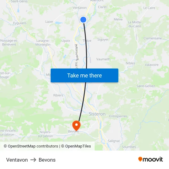 Ventavon to Bevons map