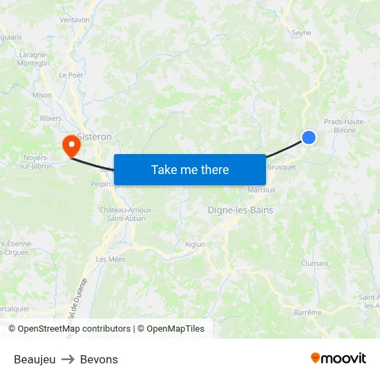 Beaujeu to Bevons map