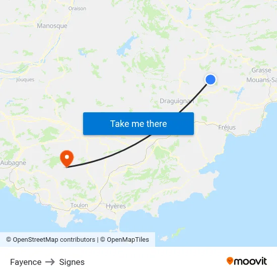 Fayence to Signes map