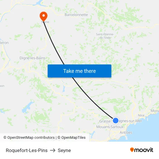 Roquefort-Les-Pins to Seyne map