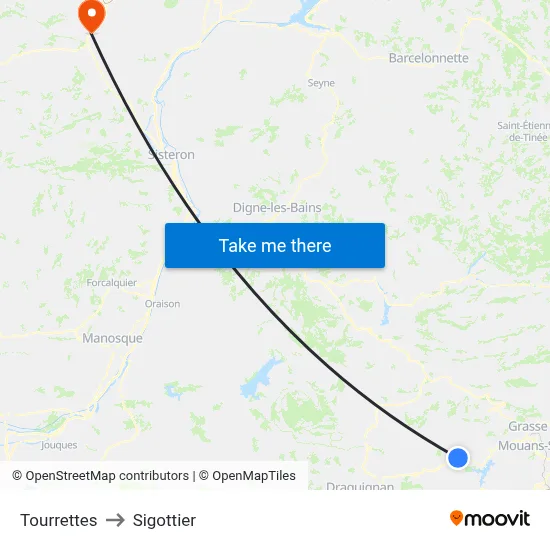 Tourrettes to Sigottier map