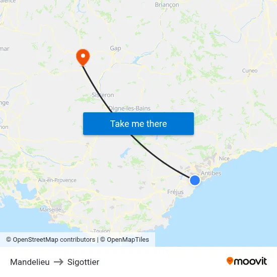 Mandelieu to Sigottier map