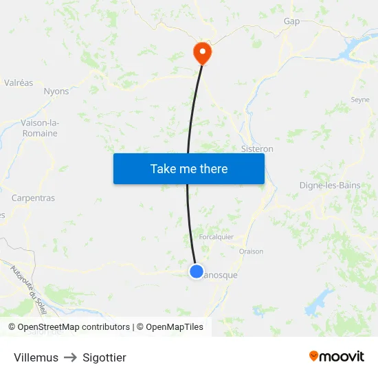 Villemus to Sigottier map