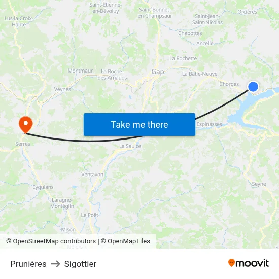 Prunières to Sigottier map
