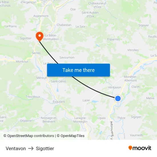 Ventavon to Sigottier map
