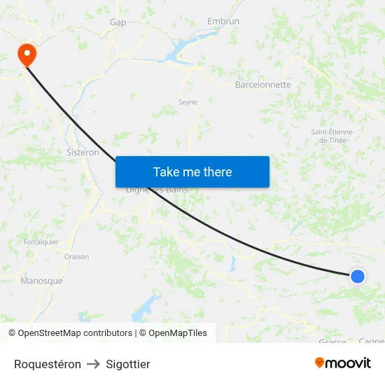 Roquestéron to Sigottier map