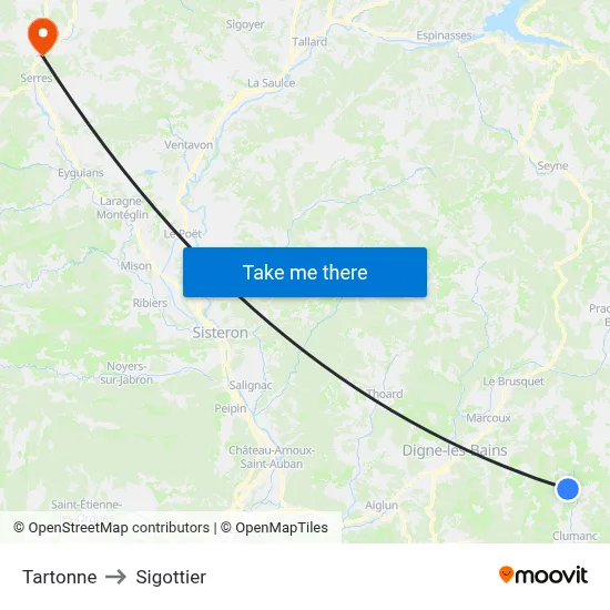Tartonne to Sigottier map