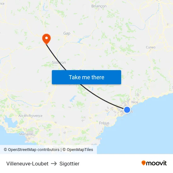 Villeneuve-Loubet to Sigottier map
