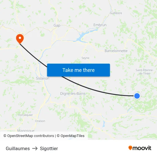 Guillaumes to Sigottier map