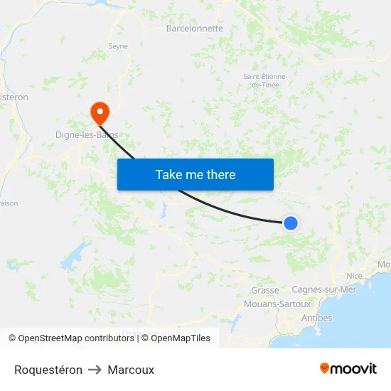 Roquestéron to Marcoux map