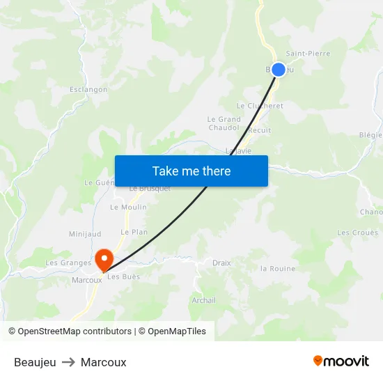 Beaujeu to Marcoux map