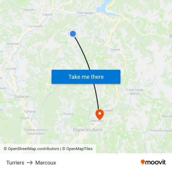 Turriers to Marcoux map
