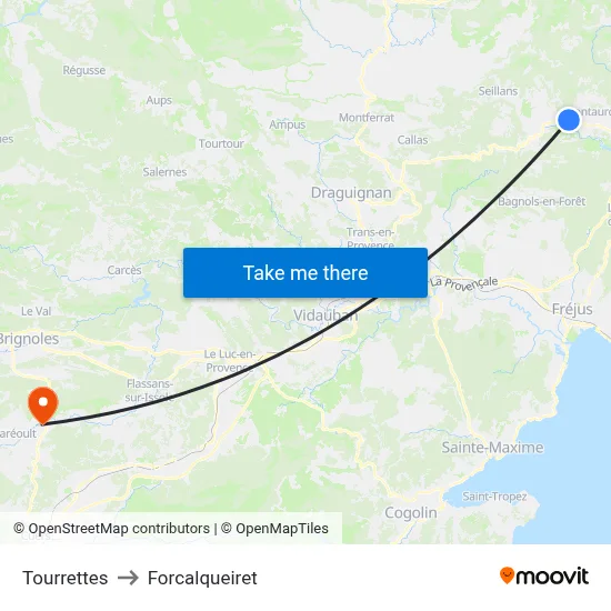 Tourrettes to Forcalqueiret map