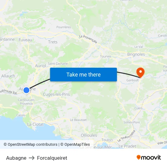 Aubagne to Forcalqueiret map