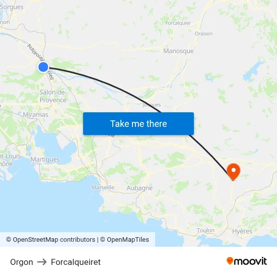 Orgon to Forcalqueiret map