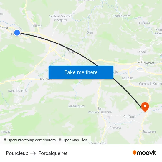 Pourcieux to Forcalqueiret map