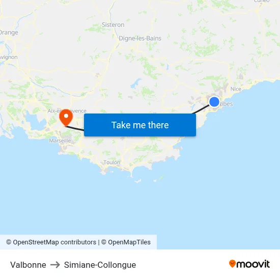 Valbonne to Simiane-Collongue map