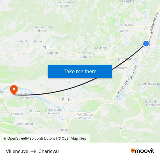 Villeneuve to Charleval map