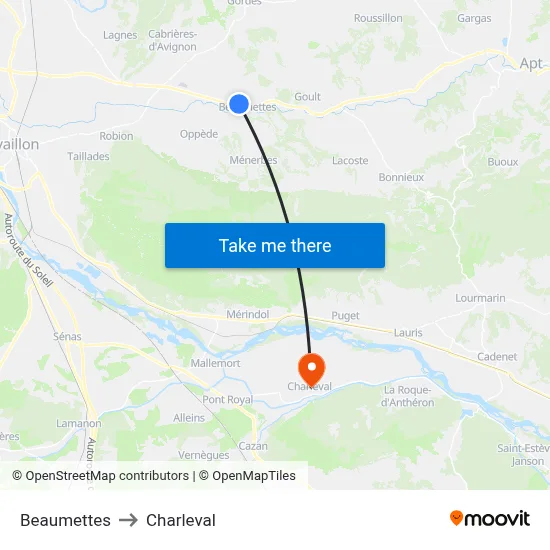 Beaumettes to Charleval map