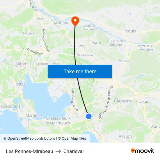 Les Pennes-Mirabeau to Charleval map