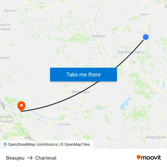 Beaujeu to Charleval map