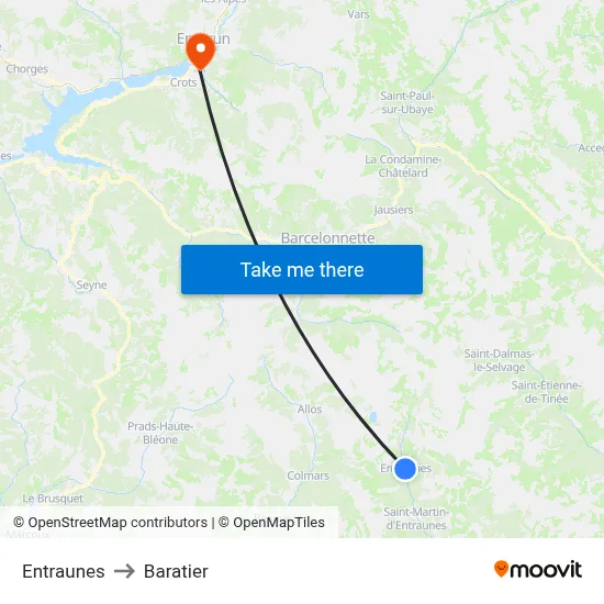 Entraunes to Baratier map