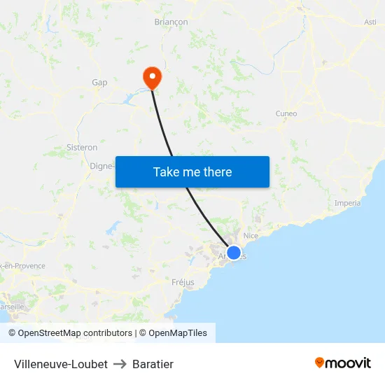 Villeneuve-Loubet to Baratier map