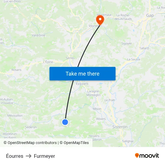Éourres to Furmeyer map