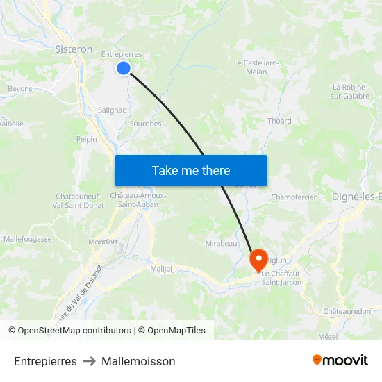 Entrepierres to Mallemoisson map