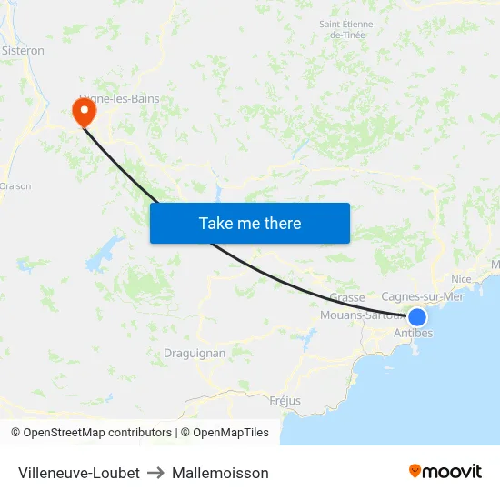 Villeneuve-Loubet to Mallemoisson map