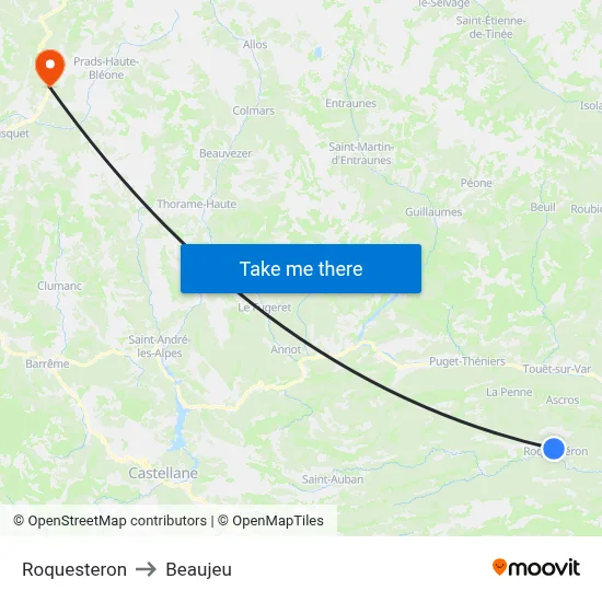 Roquesteron to Beaujeu map