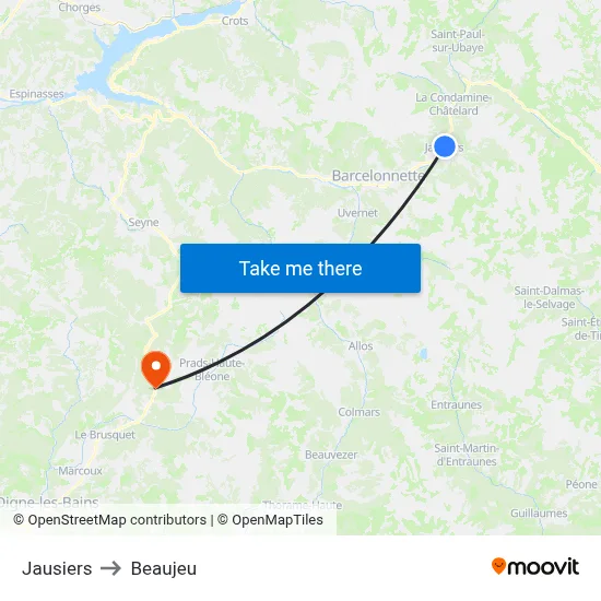 Jausiers to Beaujeu map