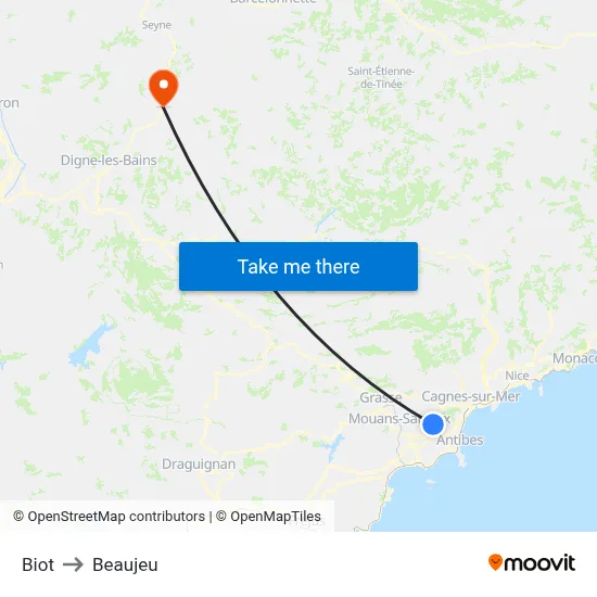 Biot to Beaujeu map