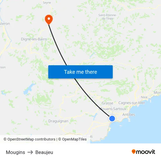 Mougins to Beaujeu map