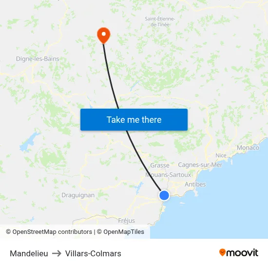 Mandelieu to Villars-Colmars map