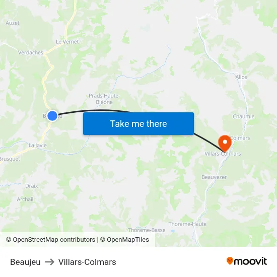 Beaujeu to Villars-Colmars map